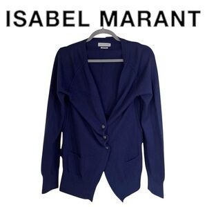 Isabel Murant Etoile ✘ Wool Blend Button Ribbed Plunge Cardigan, Blue, M
